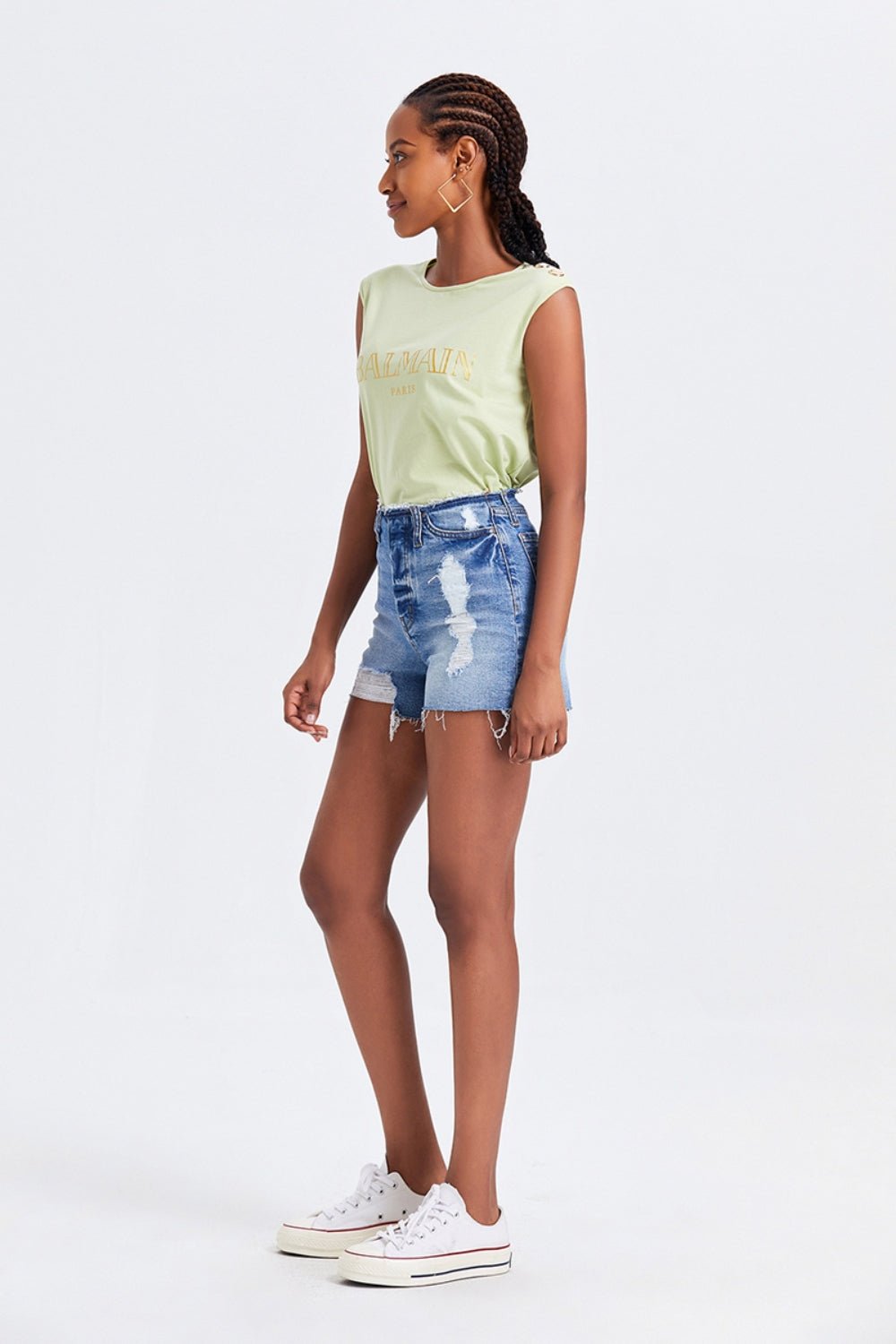 BAYEAS High Rise Bandless Denim Shorts - Runway Regalia