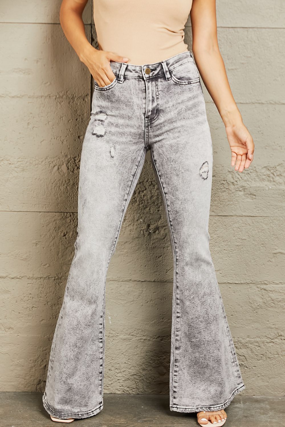 BAYEAS High Waisted Acid Wash Flare Jeans - Runway Regalia