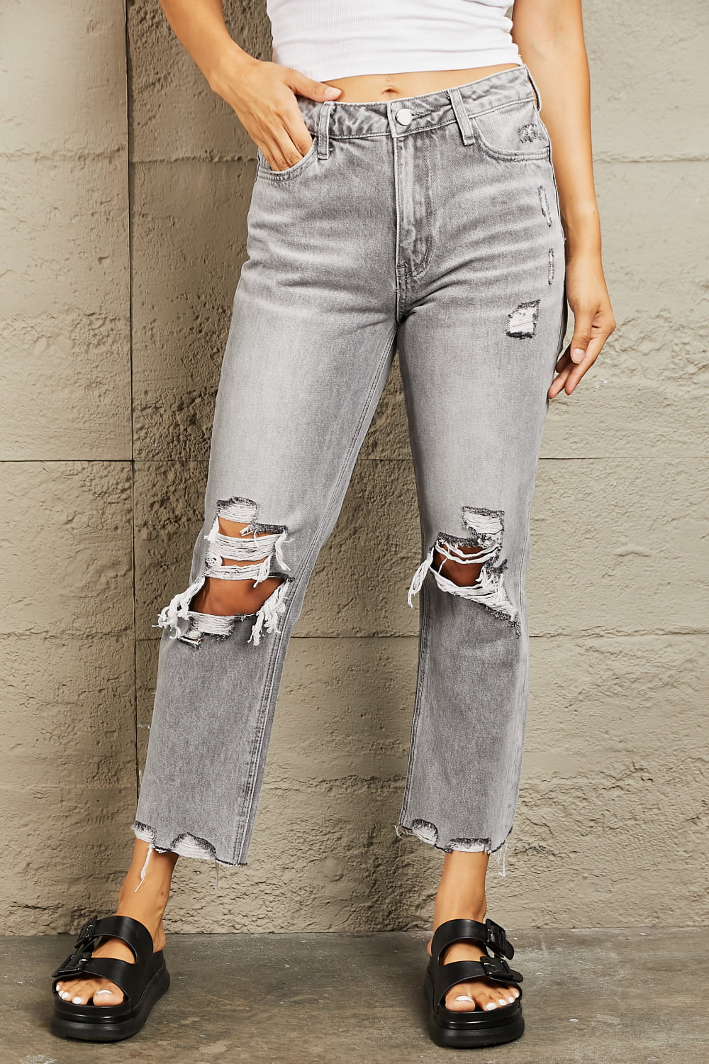 BAYEAS High Waisted Cropped Straight Jeans - Runway Regalia