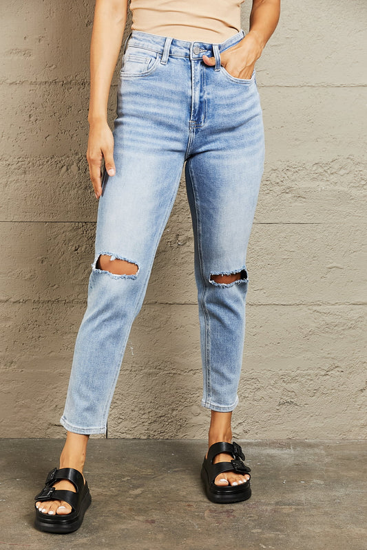 BAYEAS High Waisted Distressed Slim Cropped Jeans - Runway Regalia