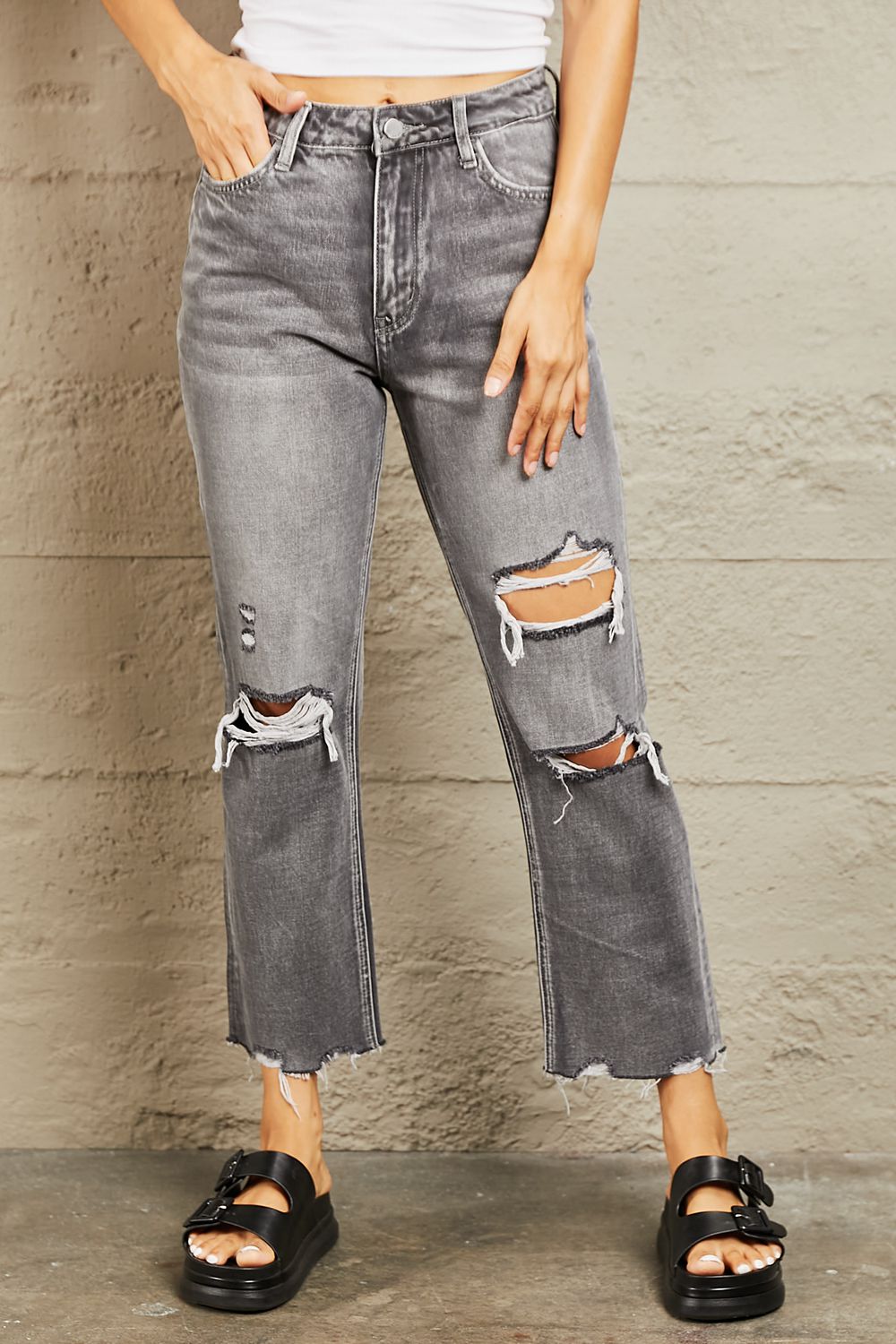 BAYEAS Mid Rise Distressed Cropped Dad Jeans - Runway Regalia