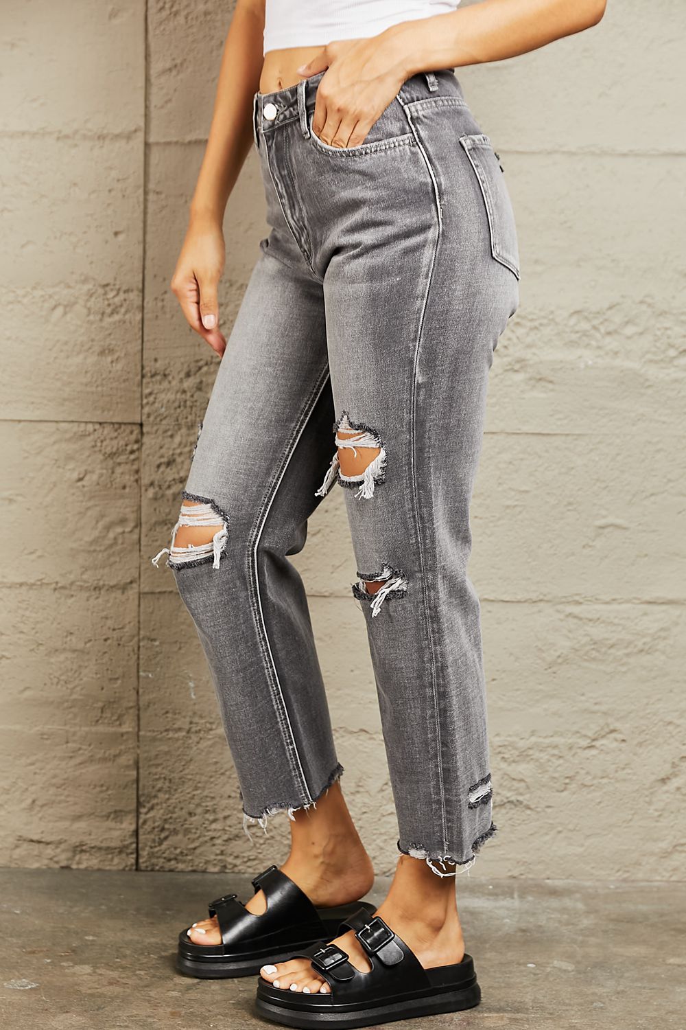 BAYEAS Mid Rise Distressed Cropped Dad Jeans - Runway Regalia