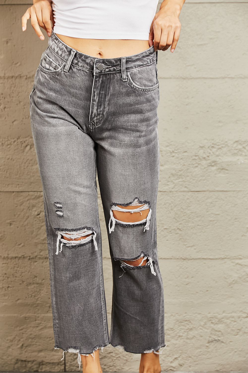 BAYEAS Mid Rise Distressed Cropped Dad Jeans - Runway Regalia