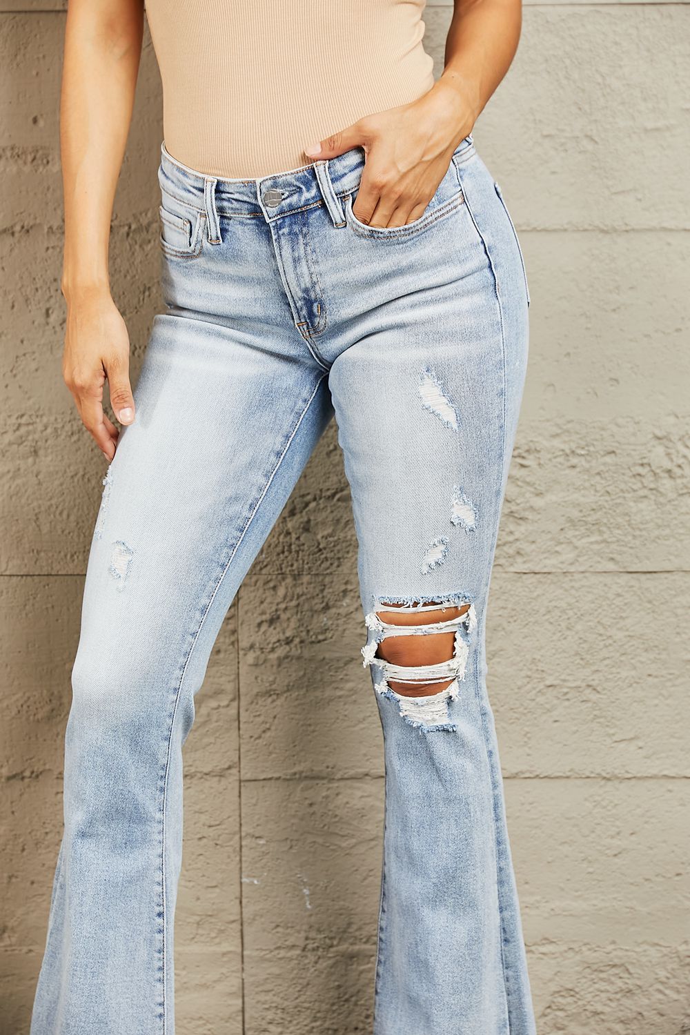 BAYEAS Mid Rise Distressed Flare Jeans - Runway Regalia