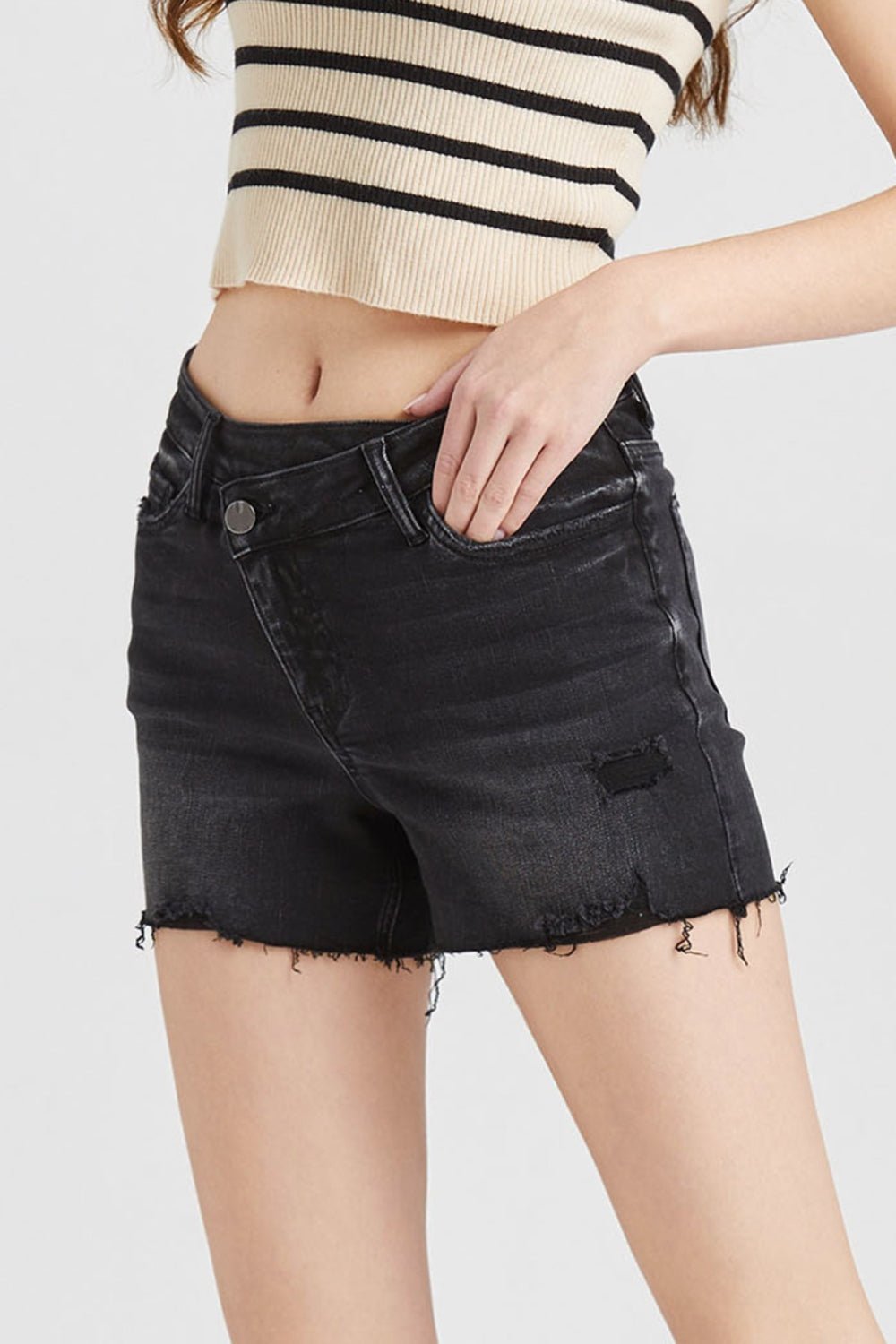 BAYEAS Stepped Waist Raw Hem Denim Shorts - Runway Regalia