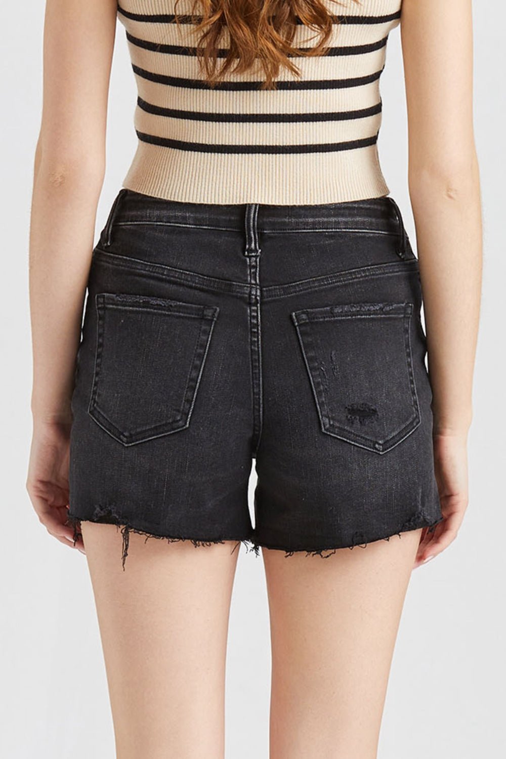 BAYEAS Stepped Waist Raw Hem Denim Shorts - Runway Regalia