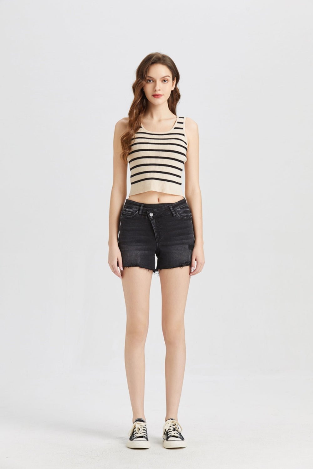 BAYEAS Stepped Waist Raw Hem Denim Shorts - Runway Regalia