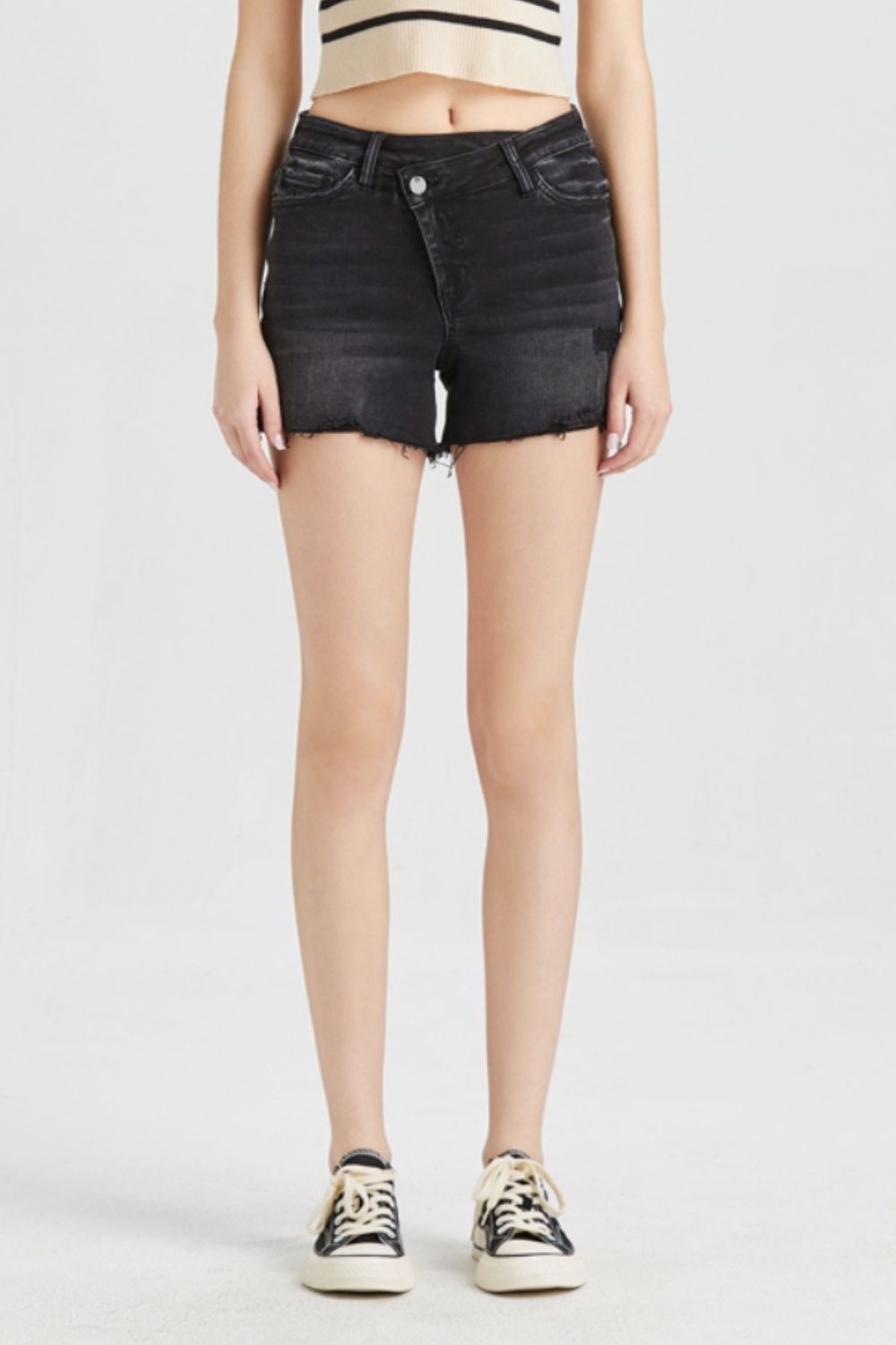 BAYEAS Stepped Waist Raw Hem Denim Shorts - Runway Regalia