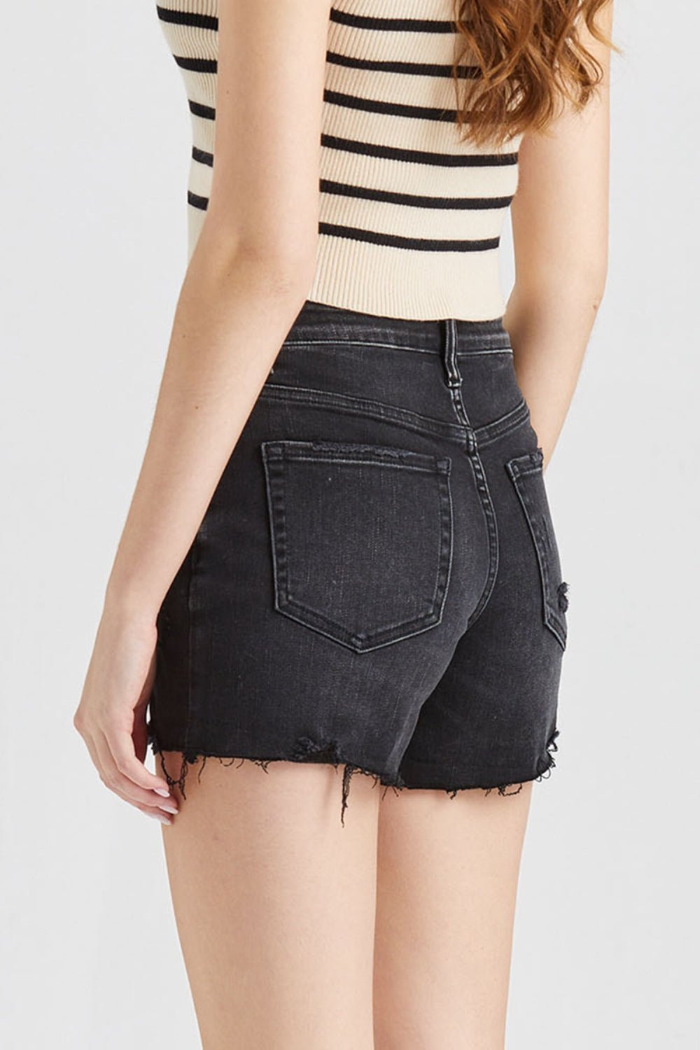 BAYEAS Stepped Waist Raw Hem Denim Shorts - Runway Regalia