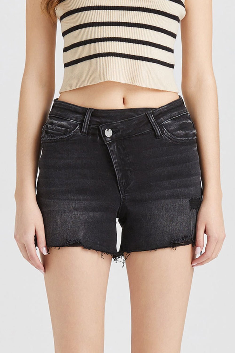 BAYEAS Stepped Waist Raw Hem Denim Shorts - Runway Regalia