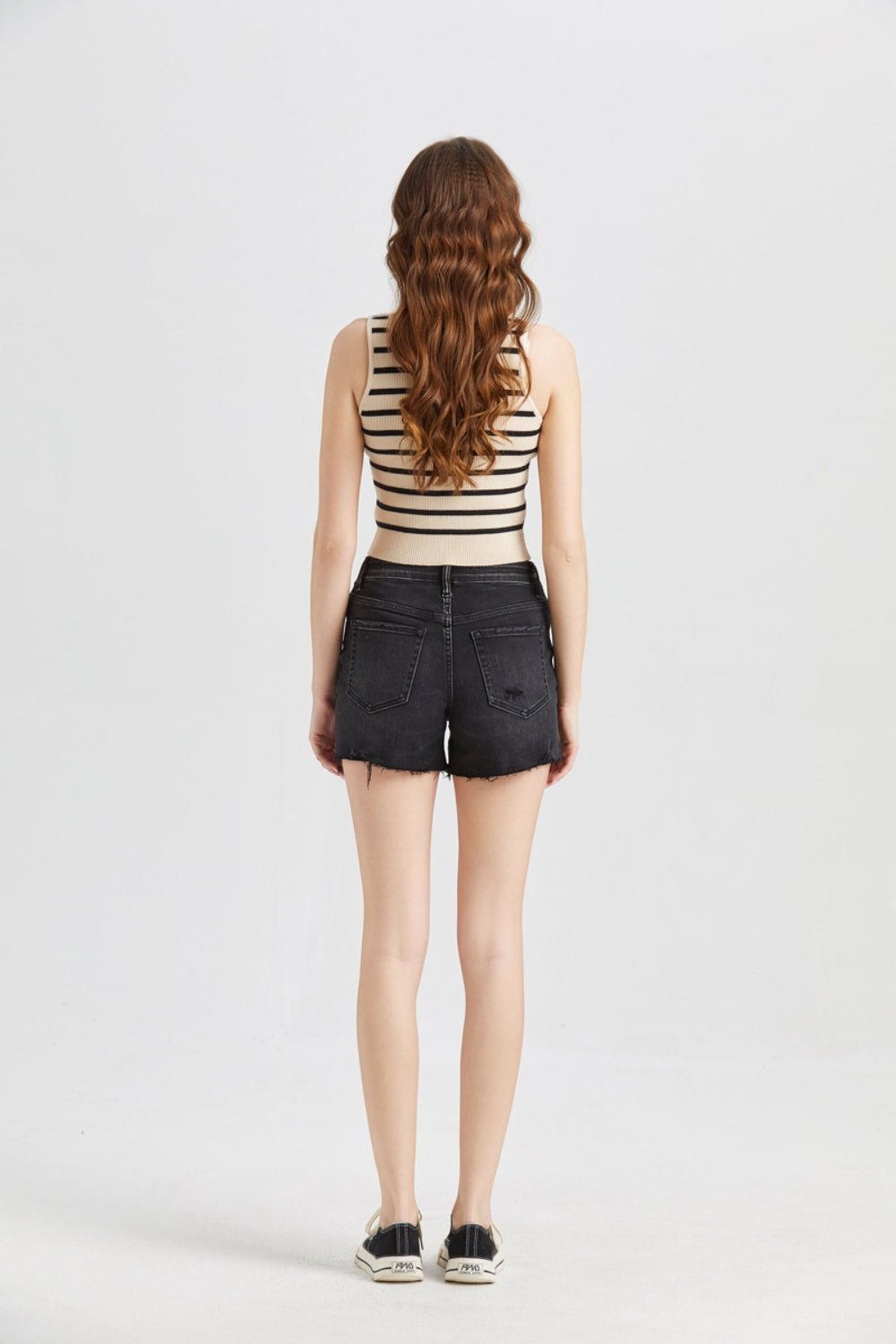 BAYEAS Stepped Waist Raw Hem Denim Shorts - Runway Regalia