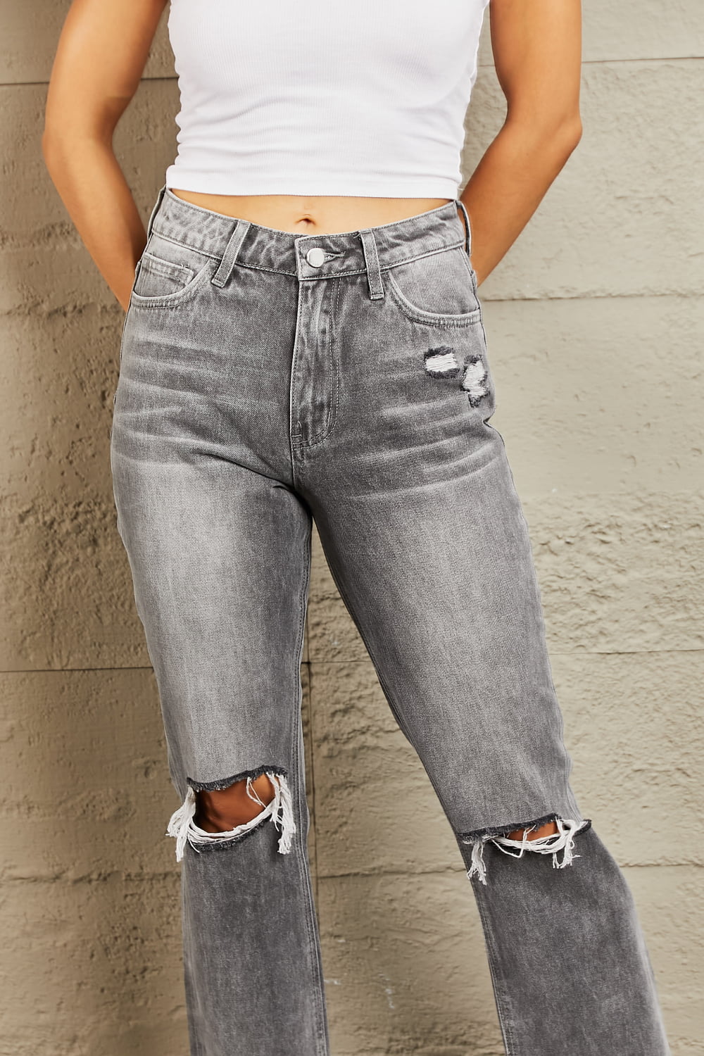 BAYEAS Stone Wash Distressed Cropped Straight Jeans - Runway Regalia