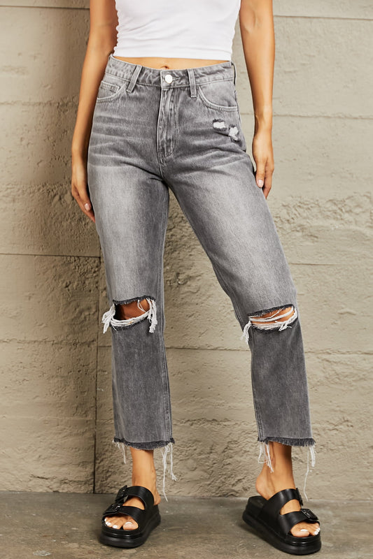 BAYEAS Stone Wash Distressed Cropped Straight Jeans - Runway Regalia