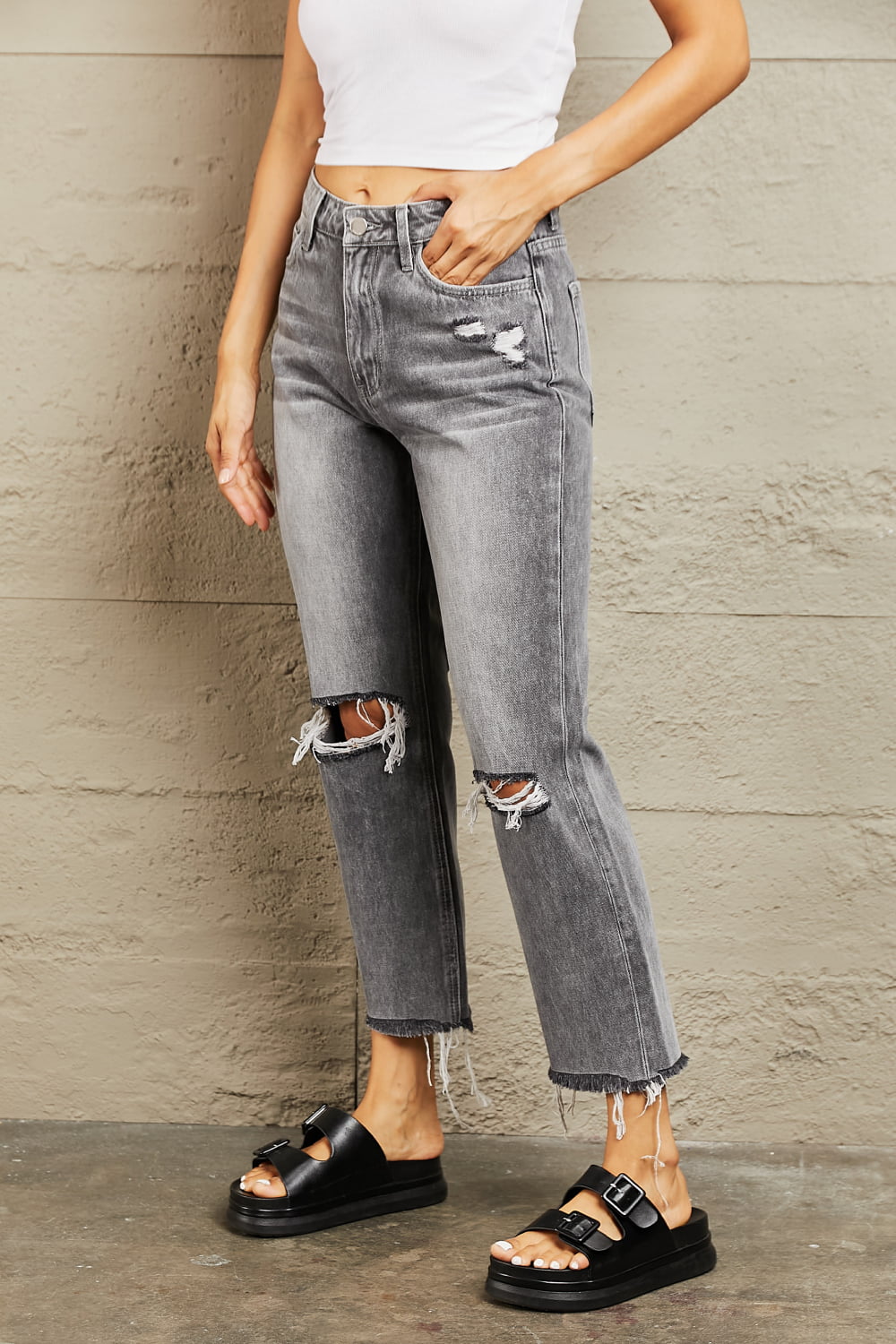 BAYEAS Stone Wash Distressed Cropped Straight Jeans - Runway Regalia