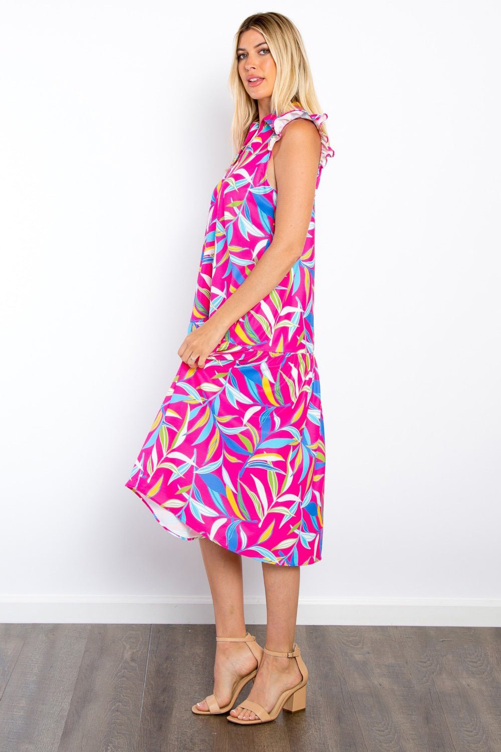 Be Stage Print Ruffled Midi Dress with Pockets - Runway Regalia