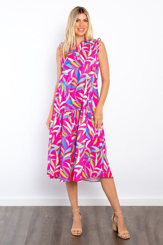 Be Stage Print Ruffled Midi Dress with Pockets - Runway Regalia