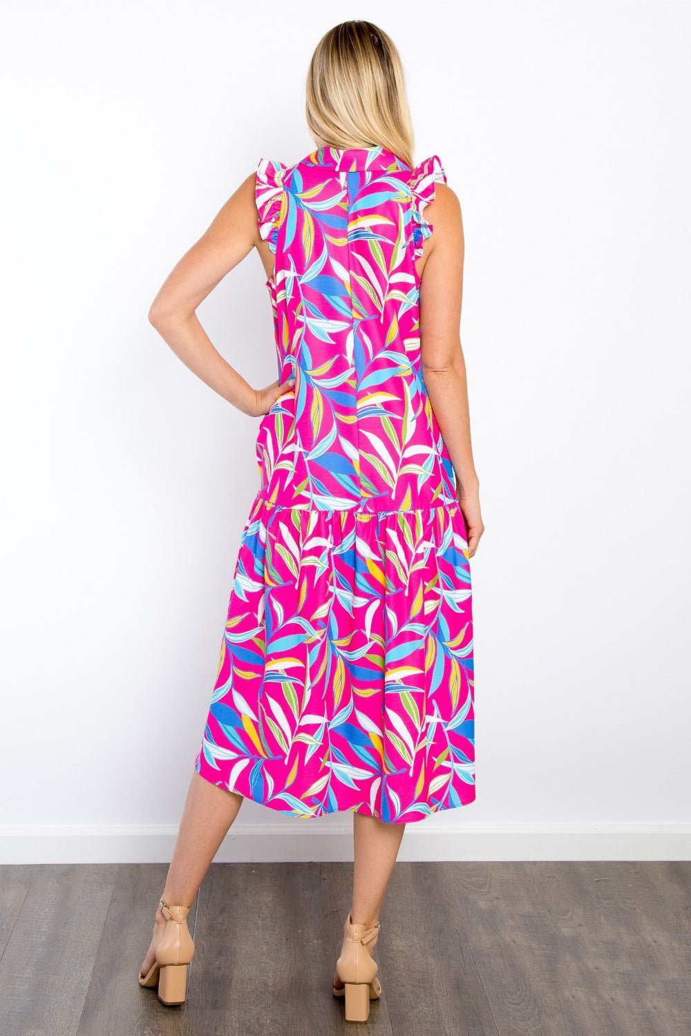 Be Stage Print Ruffled Midi Dress with Pockets - Runway Regalia