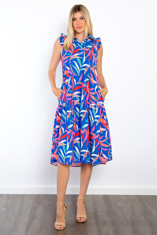 Be Stage Print Ruffled Midi Dress with Pockets - Runway Regalia