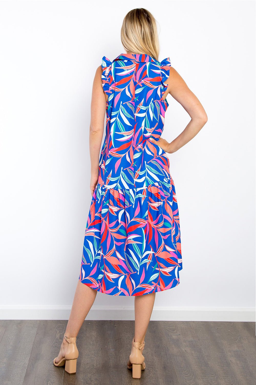 Be Stage Print Ruffled Midi Dress with Pockets - Runway Regalia