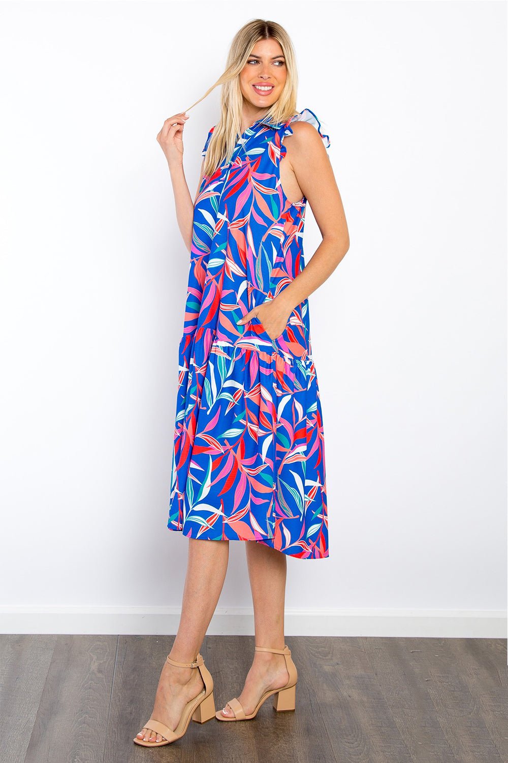 Be Stage Print Ruffled Midi Dress with Pockets - Runway Regalia