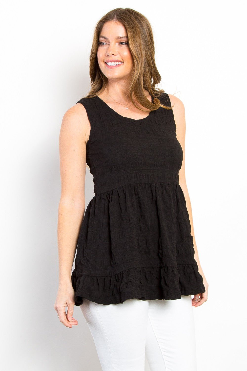 Be Stage Ruffled Sleeveless Babydoll Top - Runway Regalia