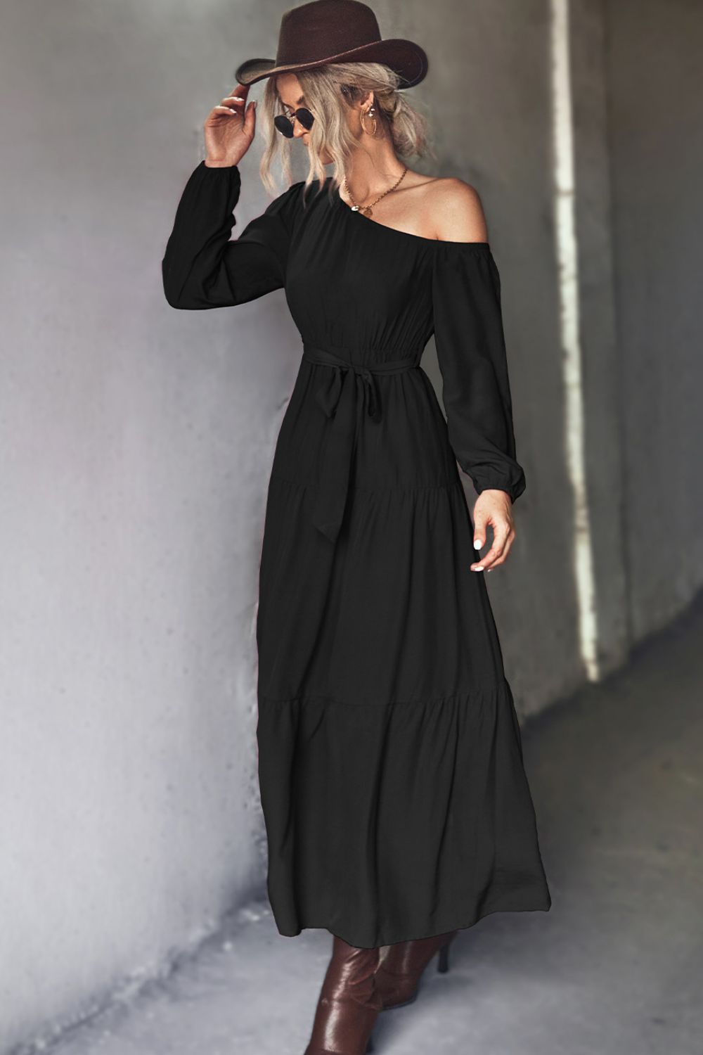 Belted One - Shoulder Tiered Maxi Dress - Runway Regalia