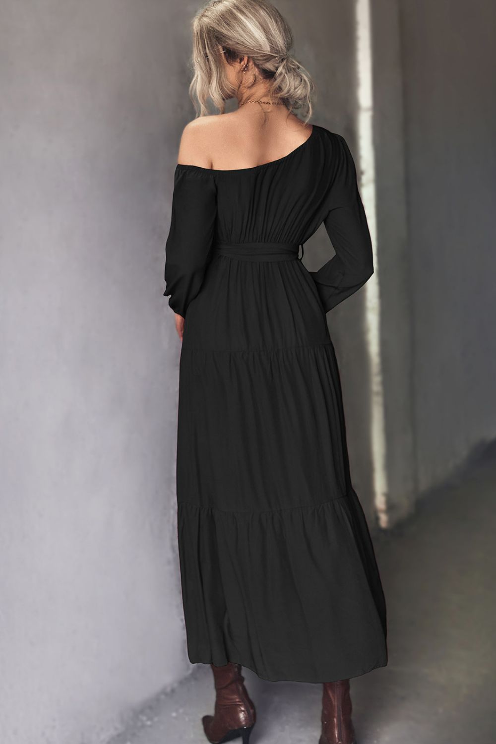 Belted One - Shoulder Tiered Maxi Dress - Runway Regalia