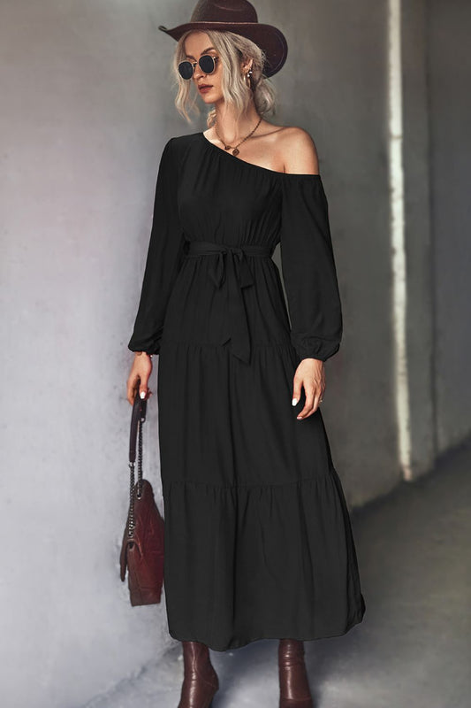 Belted One - Shoulder Tiered Maxi Dress - Runway Regalia