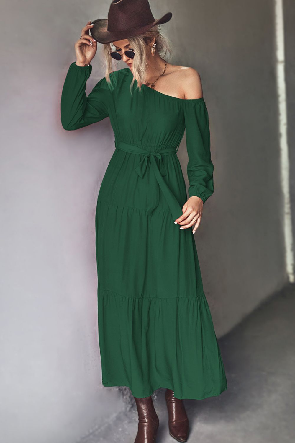 Belted One - Shoulder Tiered Maxi Dress - Runway Regalia