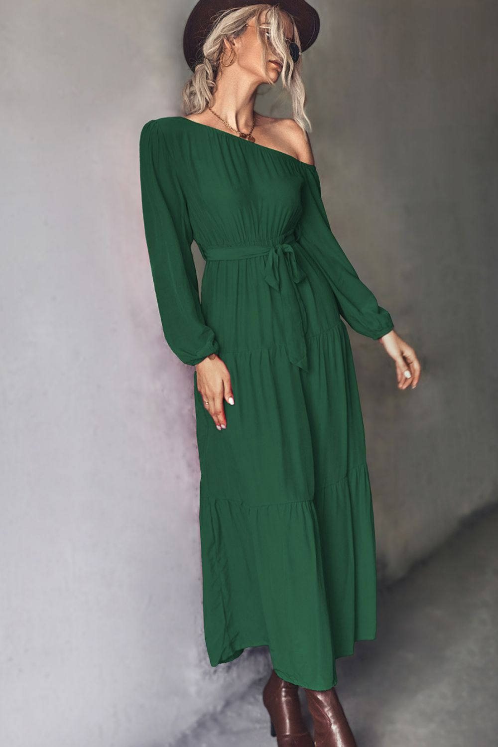 Belted One - Shoulder Tiered Maxi Dress - Runway Regalia