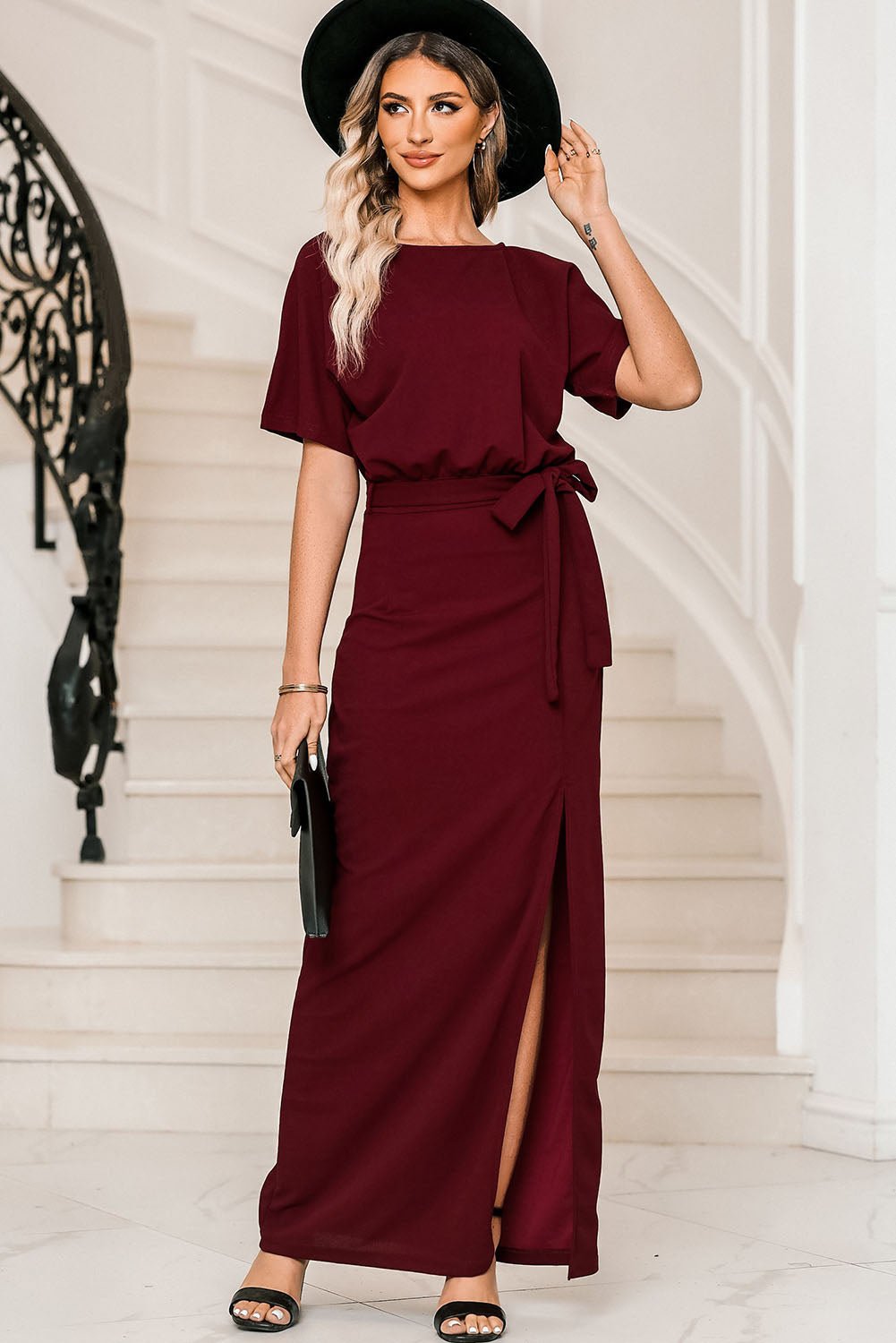 Belted Split Round Neck Dress - Runway Regalia