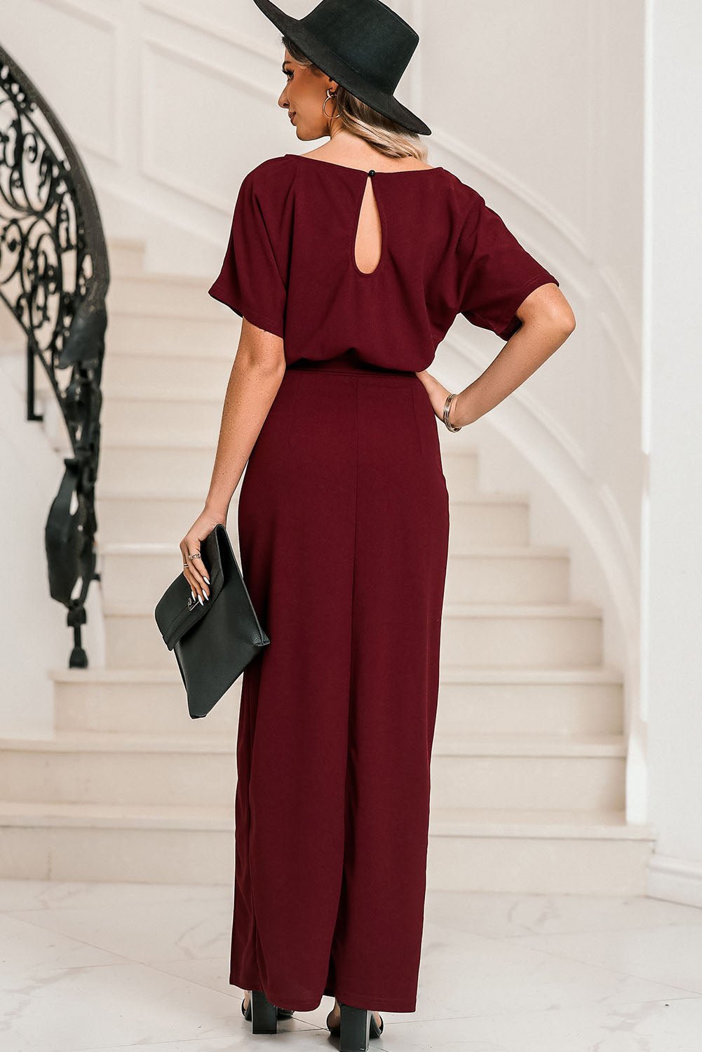 Belted Split Round Neck Dress - Runway Regalia