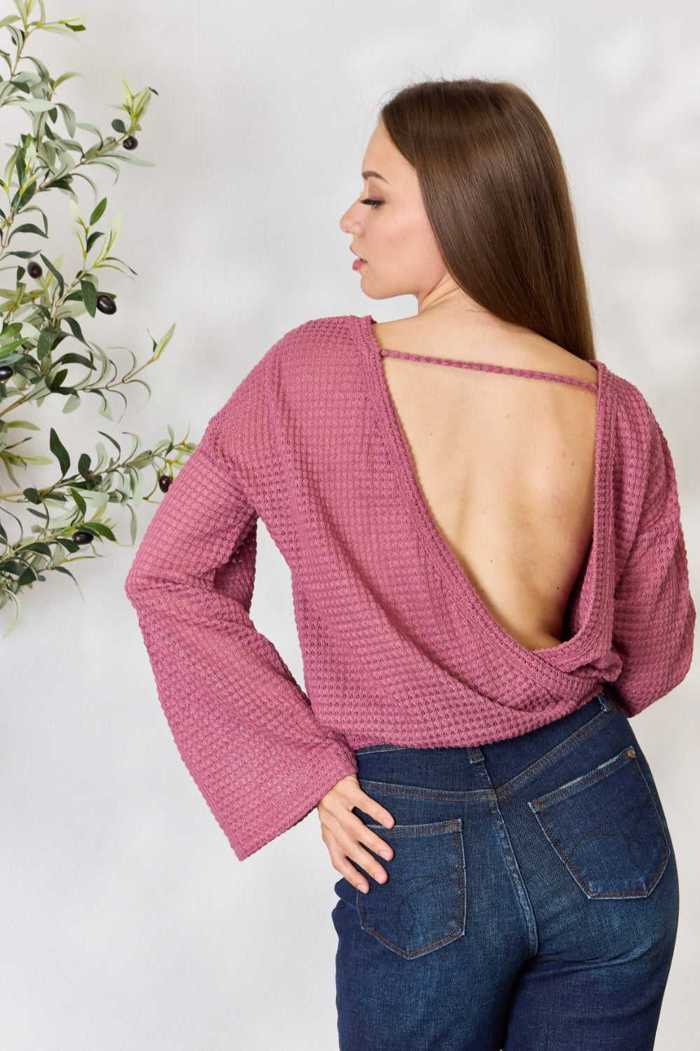 Culture Code Full Size Waffle-Knit Round Neck Long Sleeve Blouse