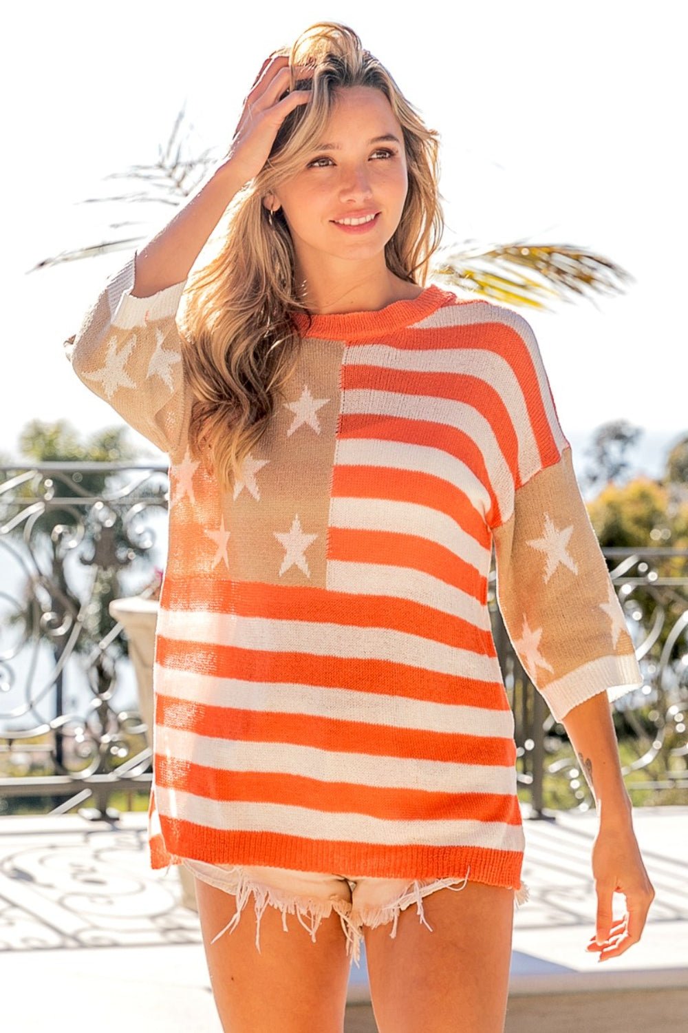 BiBi American Flag Round Neck Knit Top - Runway Regalia