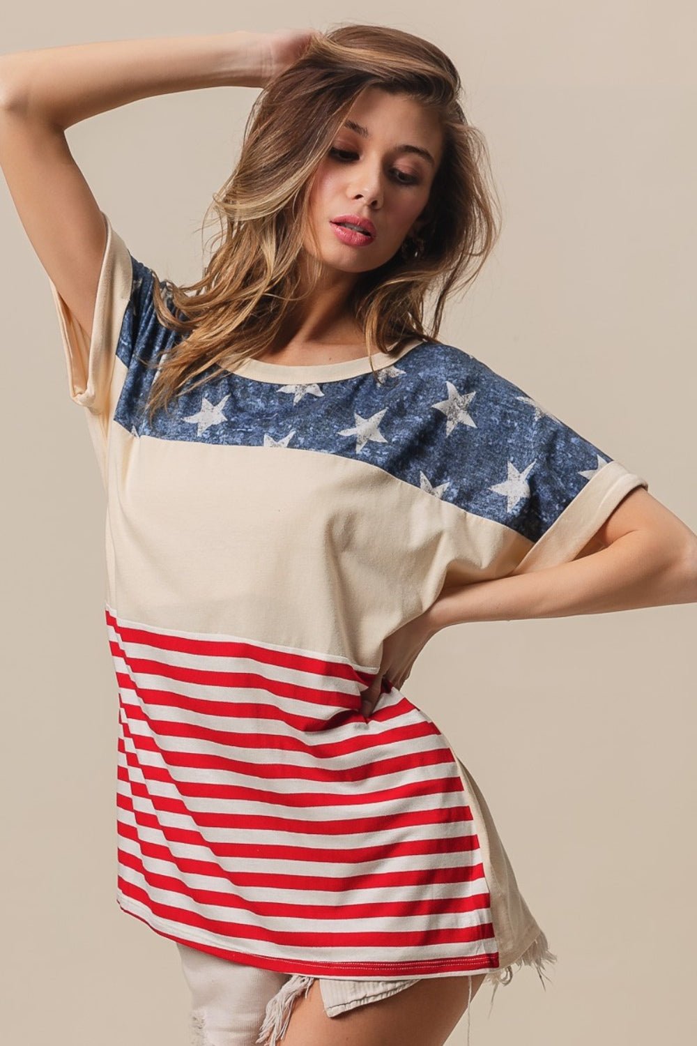 BiBi American Flag Theme Short Sleeve T-Shirt - Runway Regalia