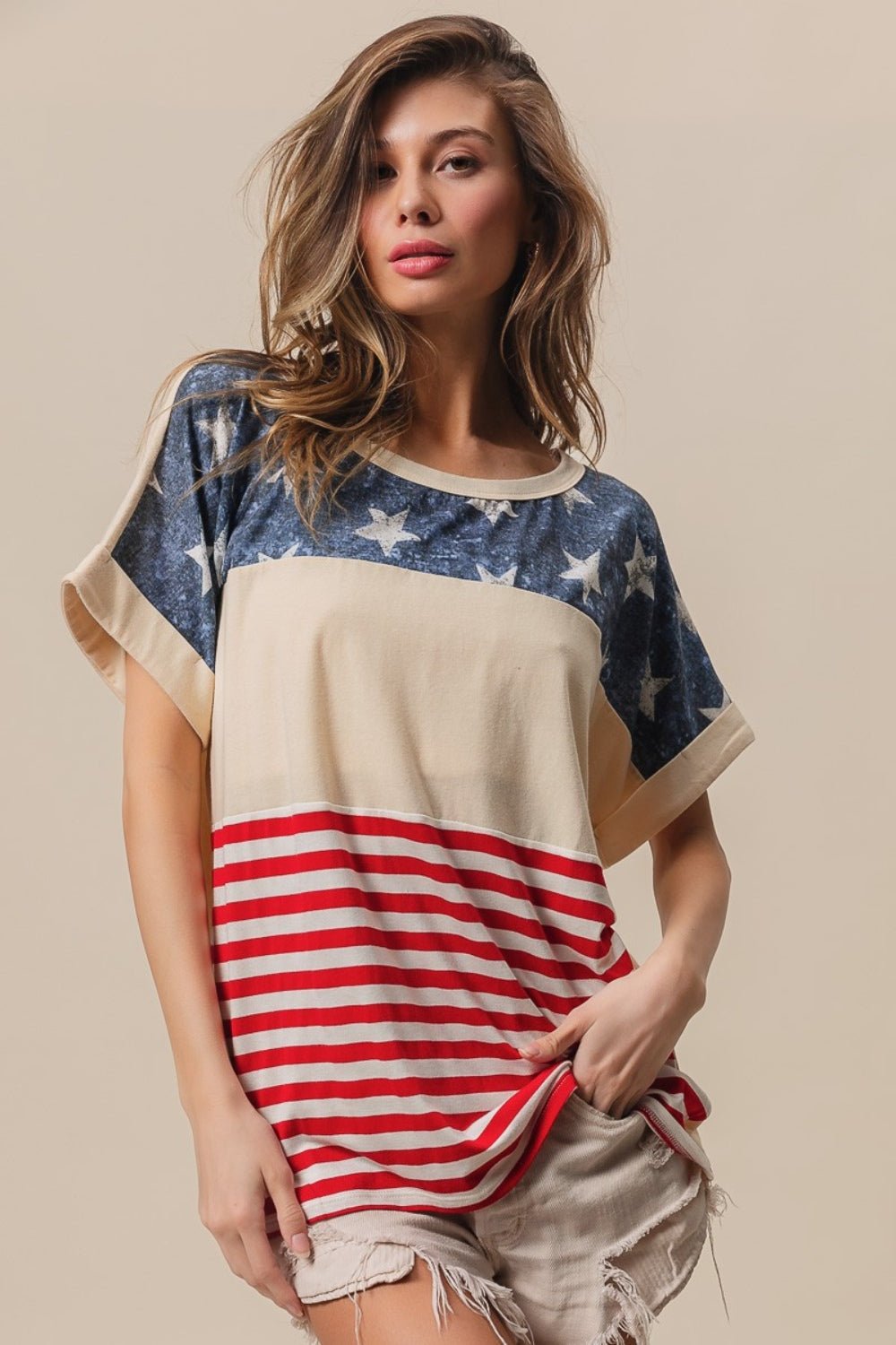 BiBi American Flag Theme Short Sleeve T-Shirt - Runway Regalia