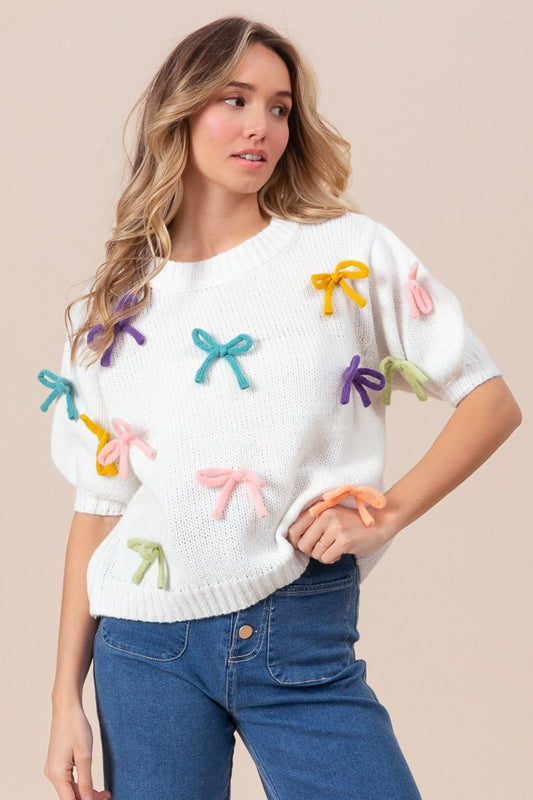 BiBi Bow Detail Puff Sleeve Sweater - Runway Regalia