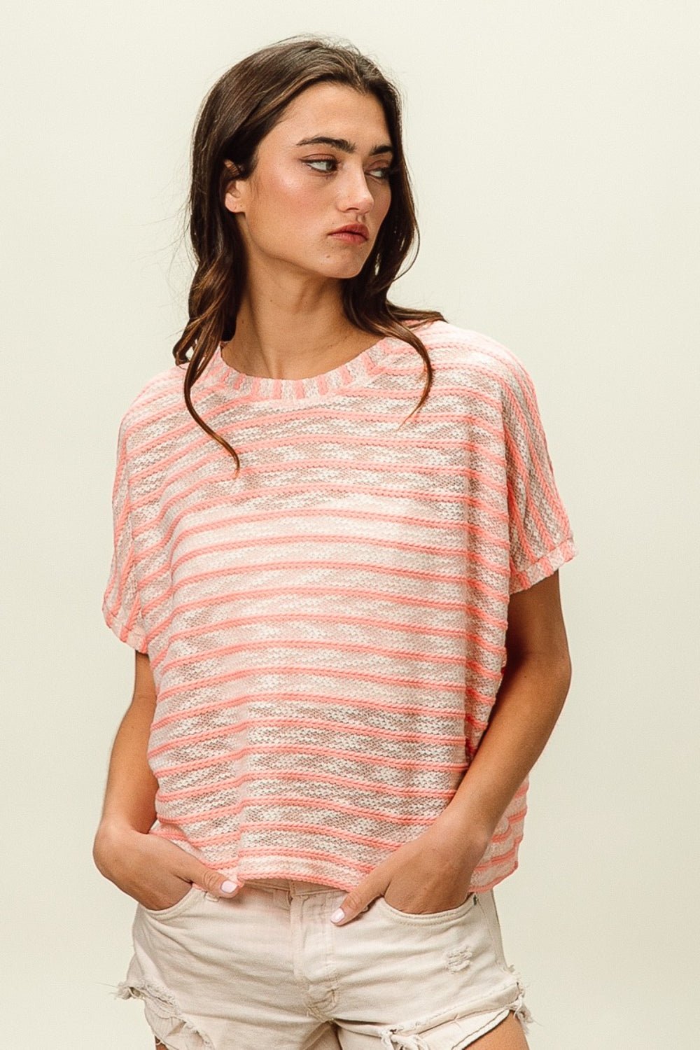 BiBi Braid Striped Short Sleeve Round Neck T-Shirt - Runway Regalia