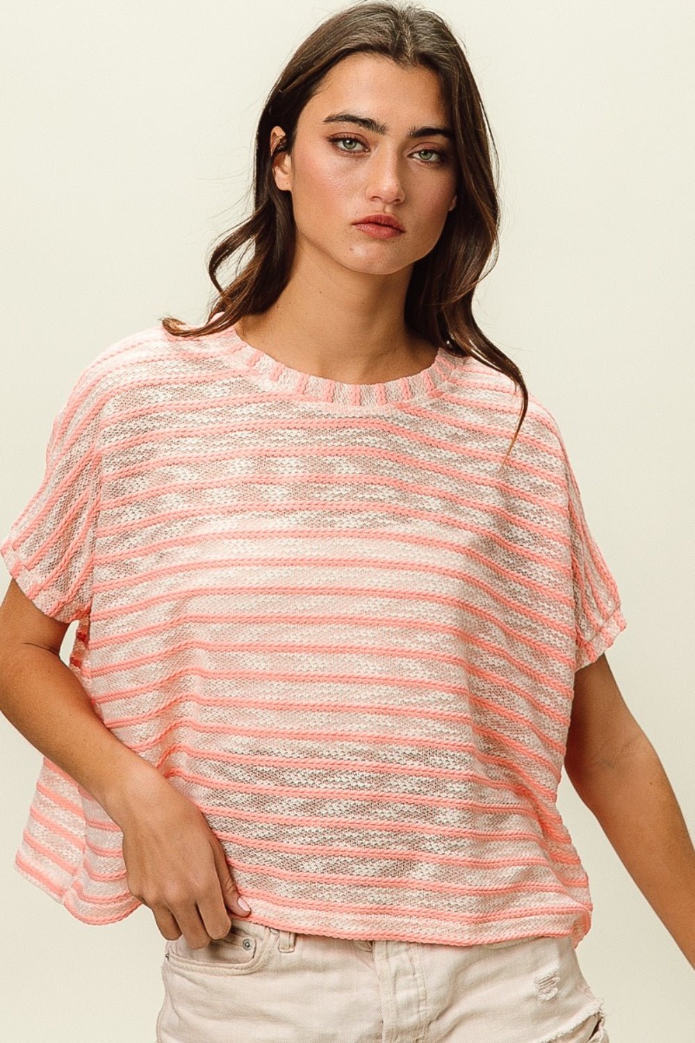 BiBi Braid Striped Short Sleeve Round Neck T-Shirt - Runway Regalia