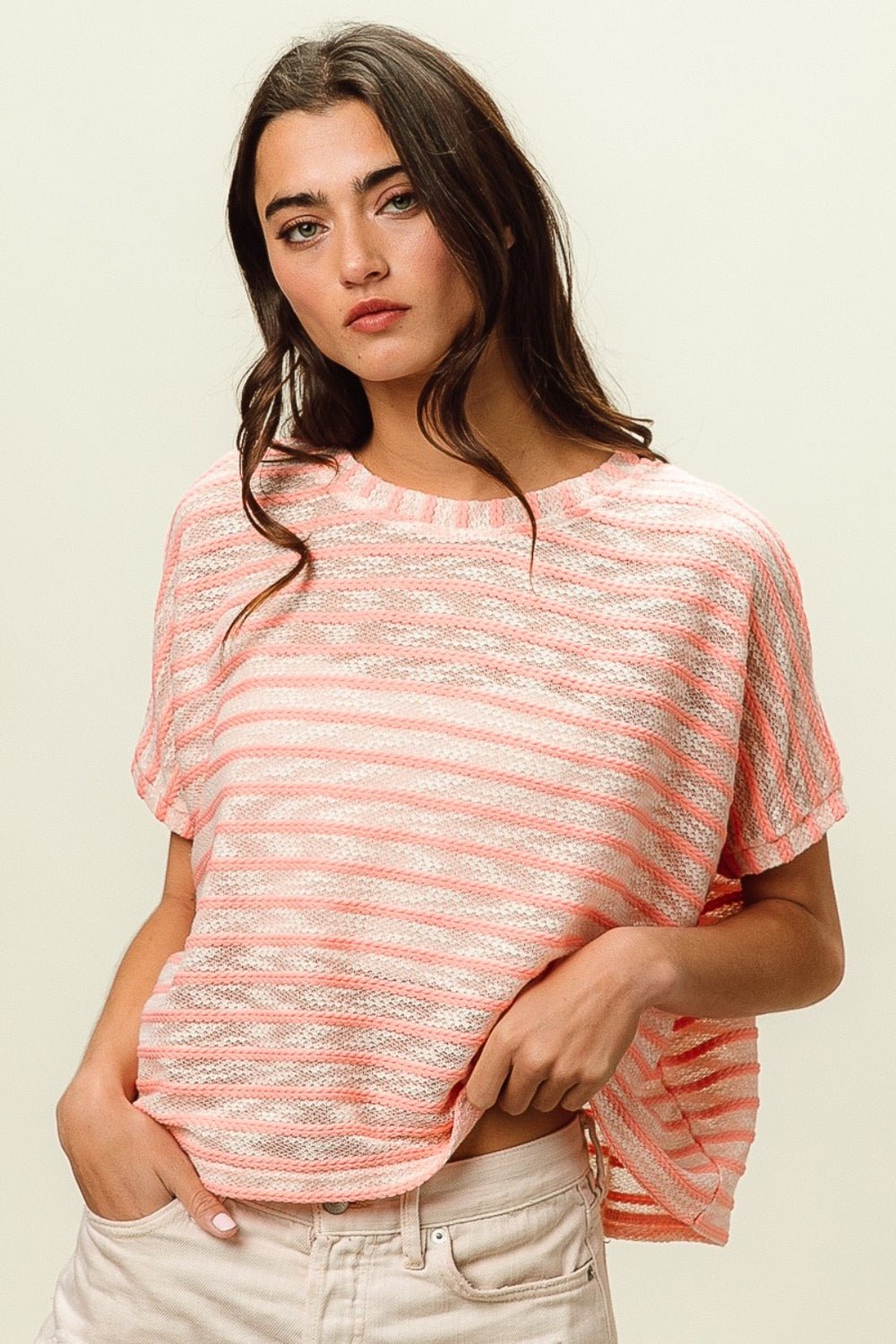 BiBi Braid Striped Short Sleeve Round Neck T-Shirt - Runway Regalia