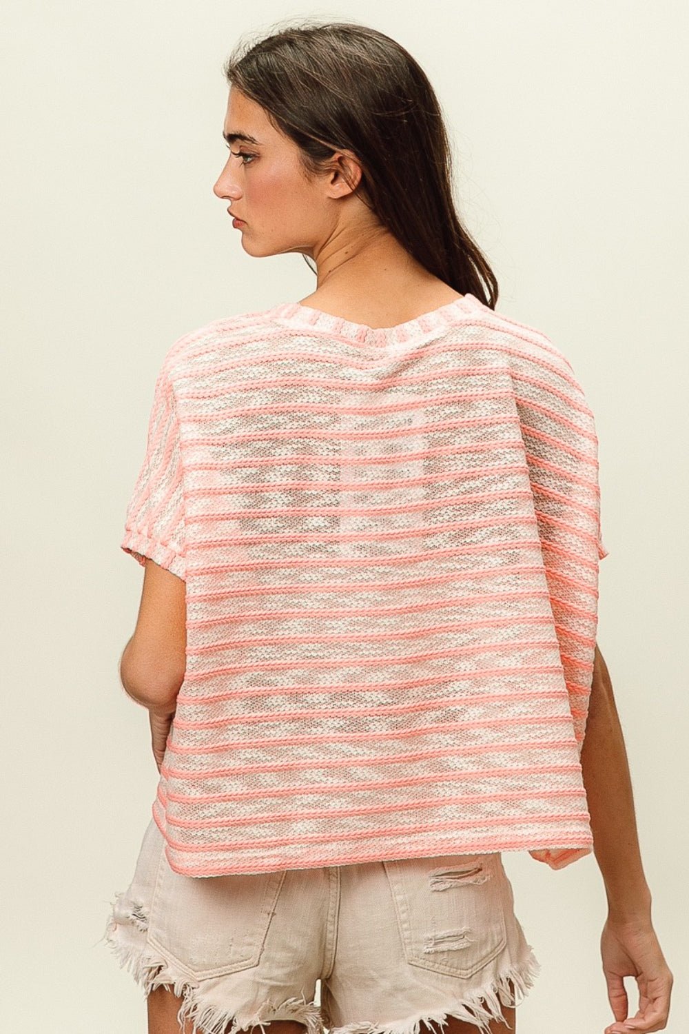 BiBi Braid Striped Short Sleeve Round Neck T-Shirt - Runway Regalia