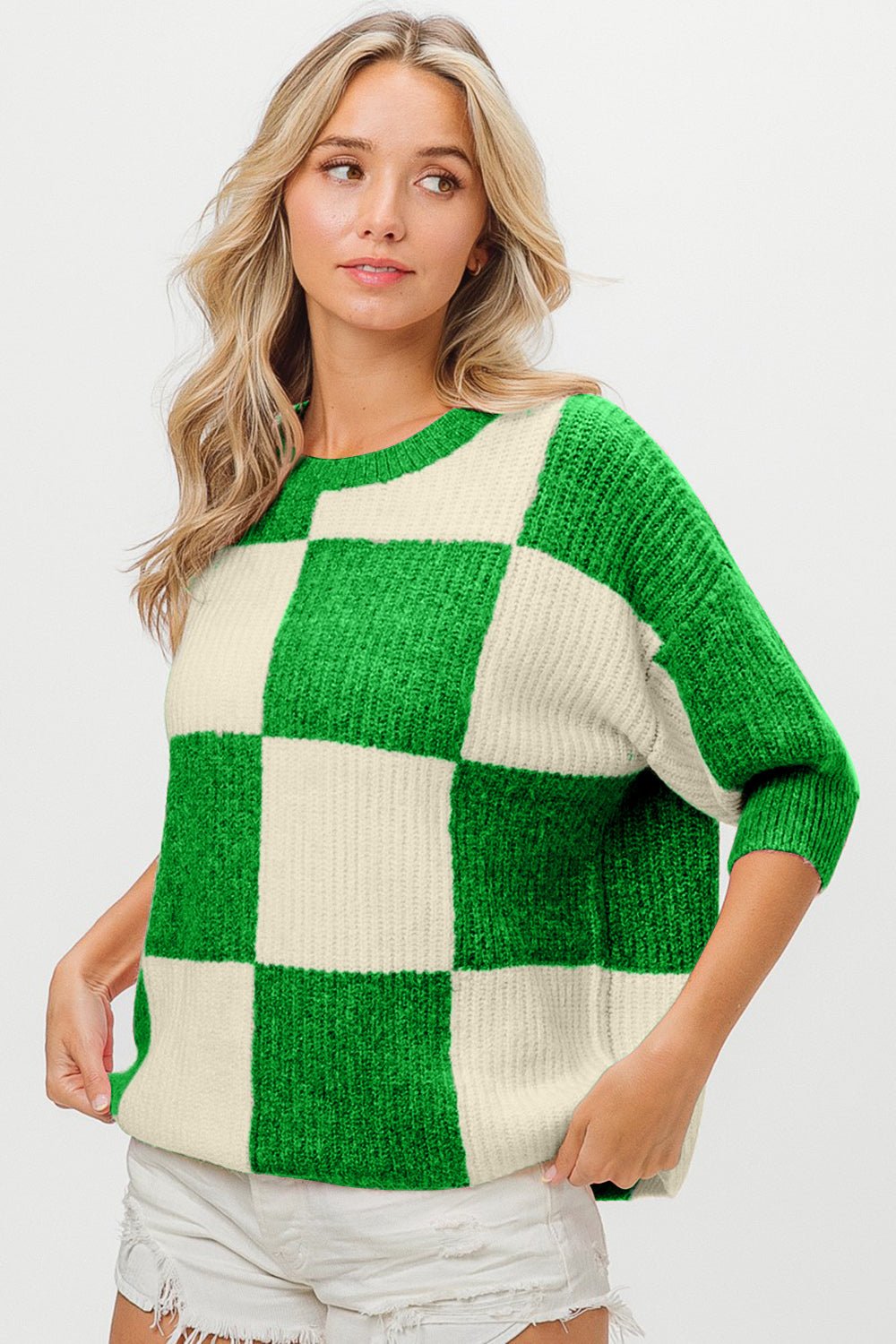 BiBi Checkered Contrast Round Neck Sweater - Runway Regalia