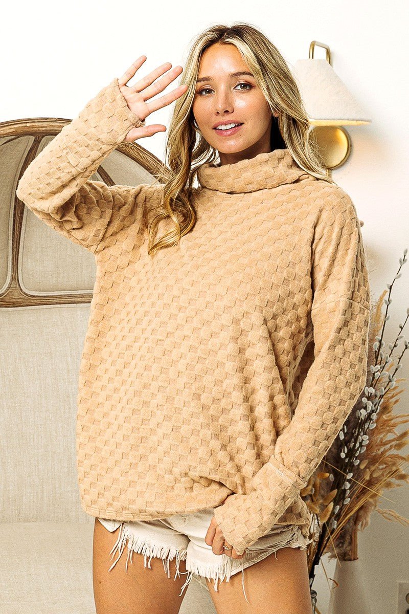 BiBi Checkered Round Neck Thumbhole Long Sleeve Top - Runway Regalia