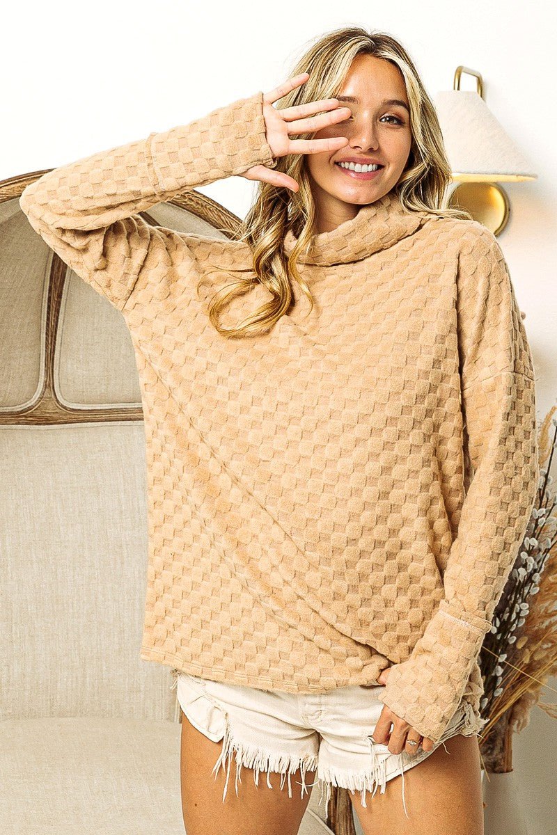 BiBi Checkered Round Neck Thumbhole Long Sleeve Top - Runway Regalia