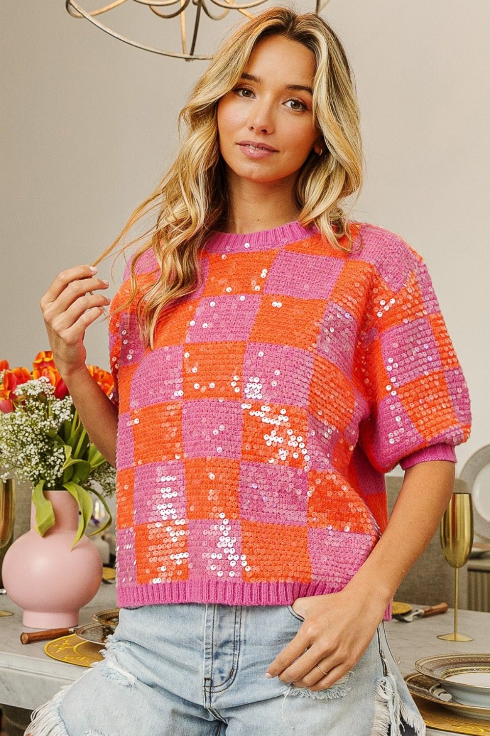 BiBi Checkered Short Sleeve Sequin Sweater - Runway Regalia