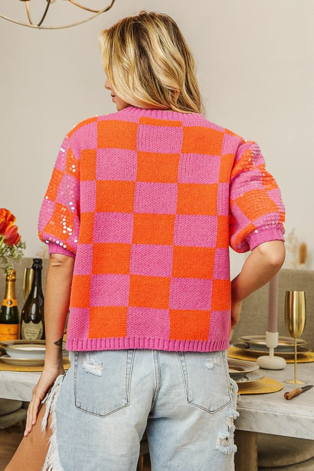 BiBi Checkered Short Sleeve Sequin Sweater - Runway Regalia