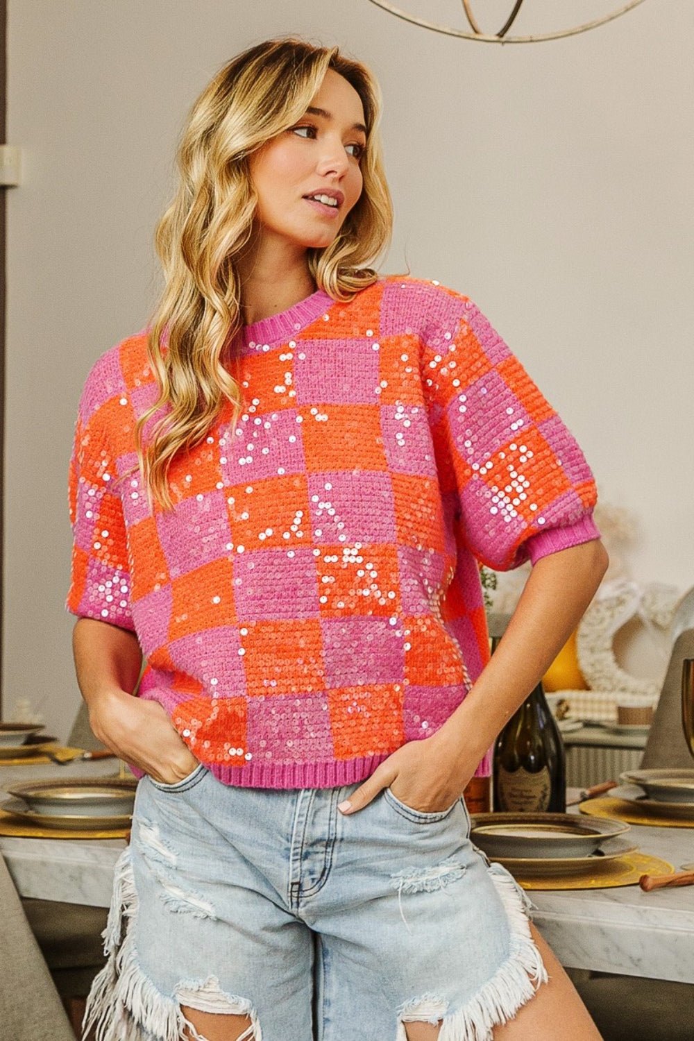 BiBi Checkered Short Sleeve Sequin Sweater - Runway Regalia