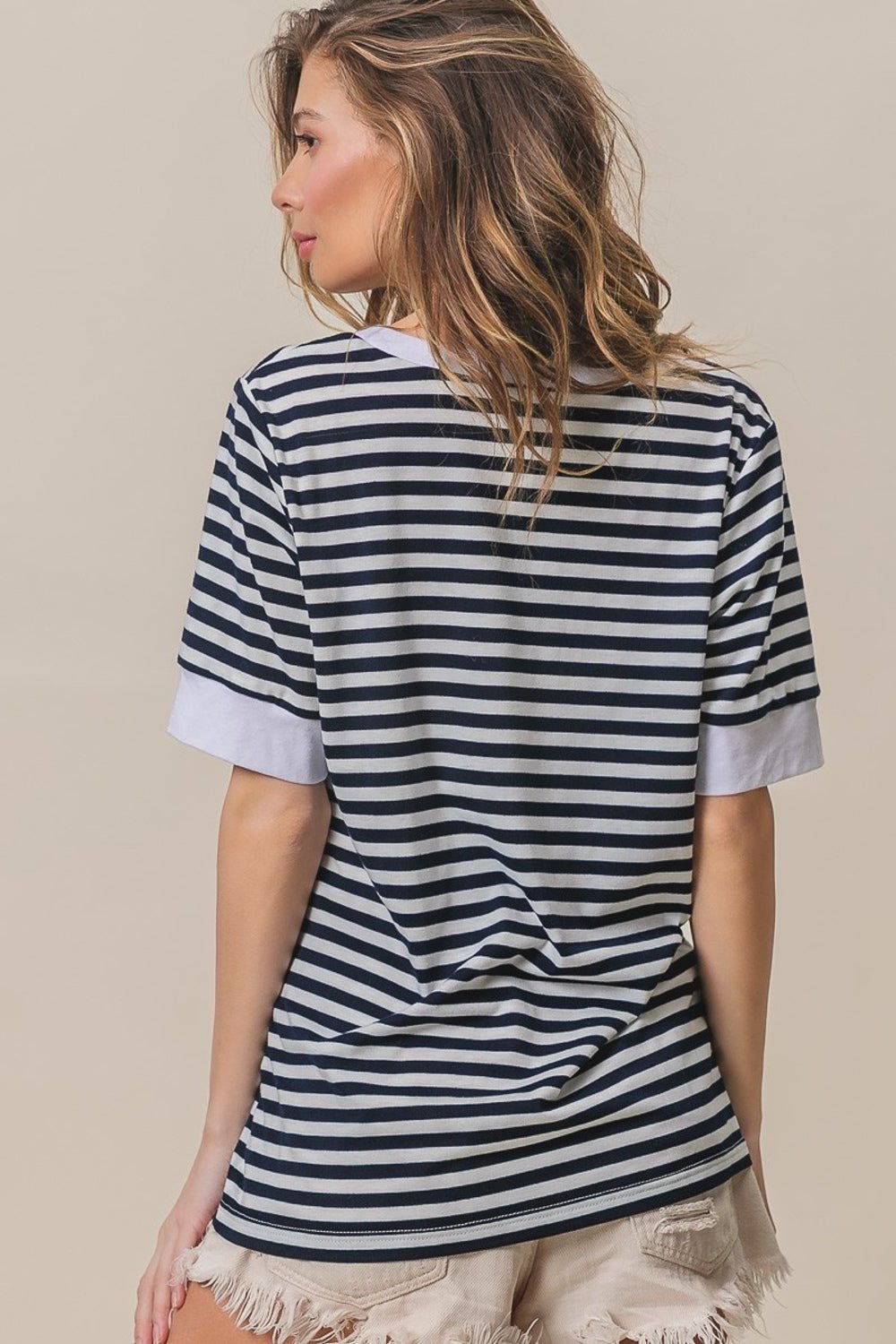 BiBi Contrast Striped Notched Knit Top - Runway Regalia