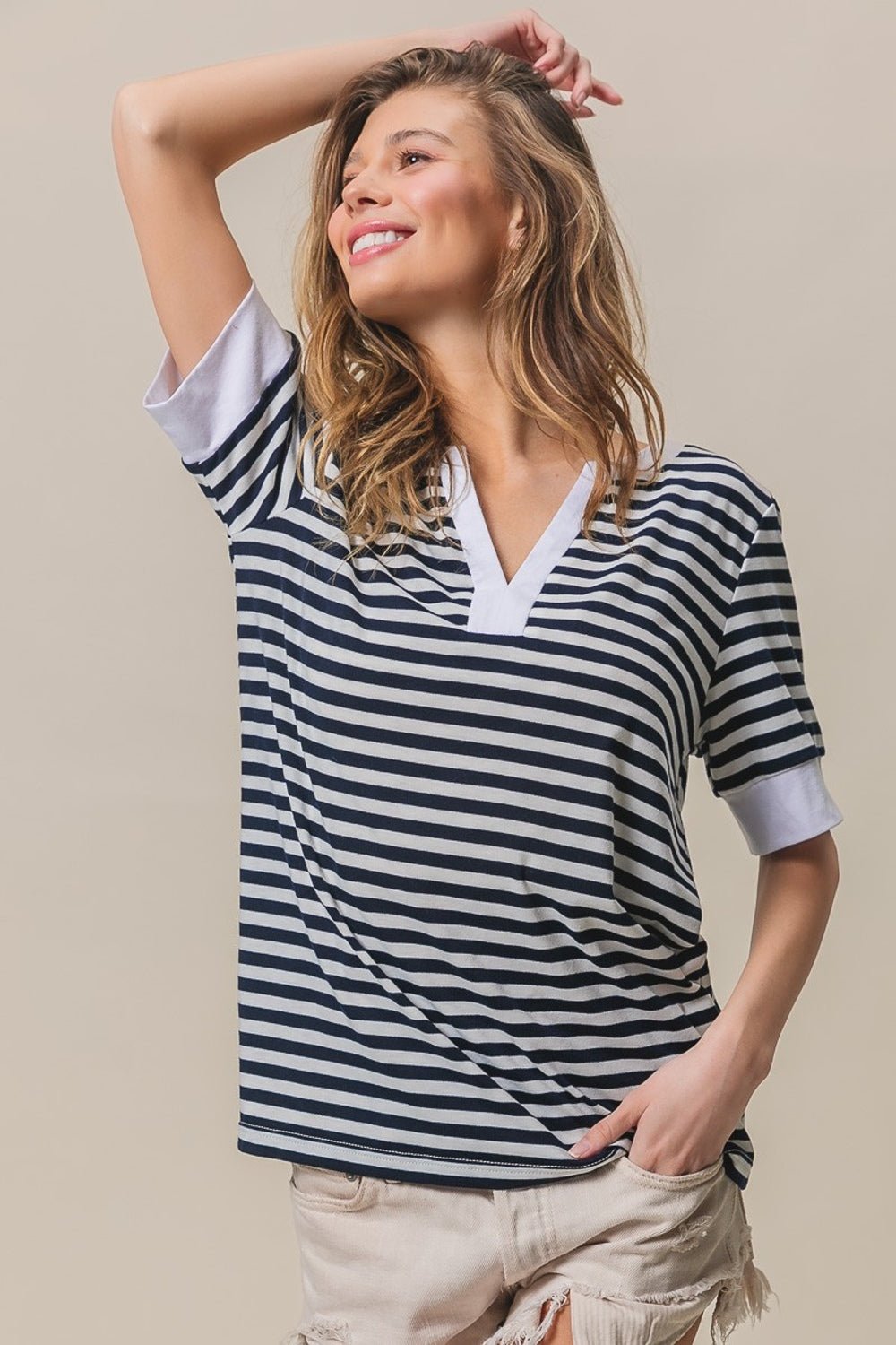 BiBi Contrast Striped Notched Knit Top - Runway Regalia