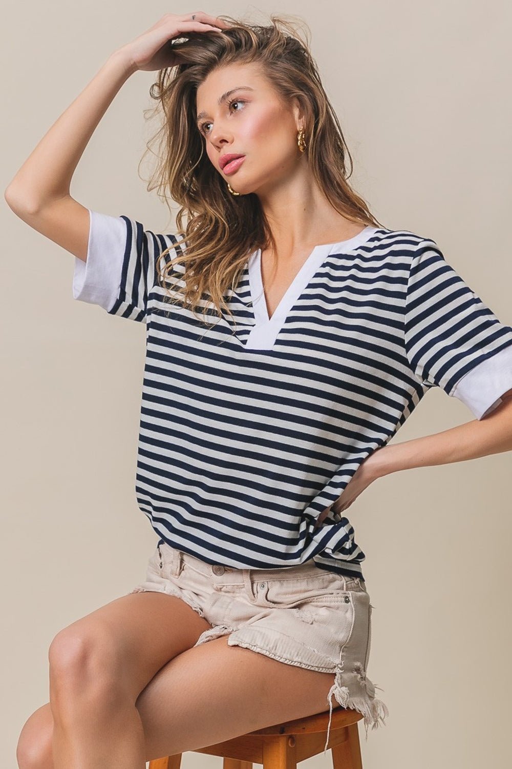 BiBi Contrast Striped Notched Knit Top - Runway Regalia